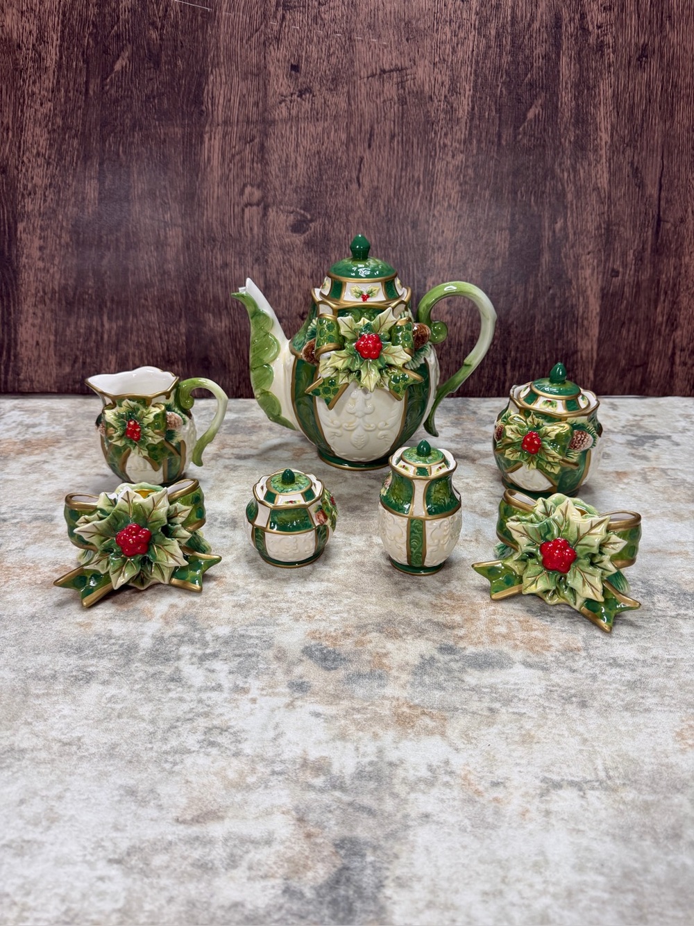 Vintage Christmas 7-Piece Ceramic Teapot Set with Shakers, Creamer & Candle Hold